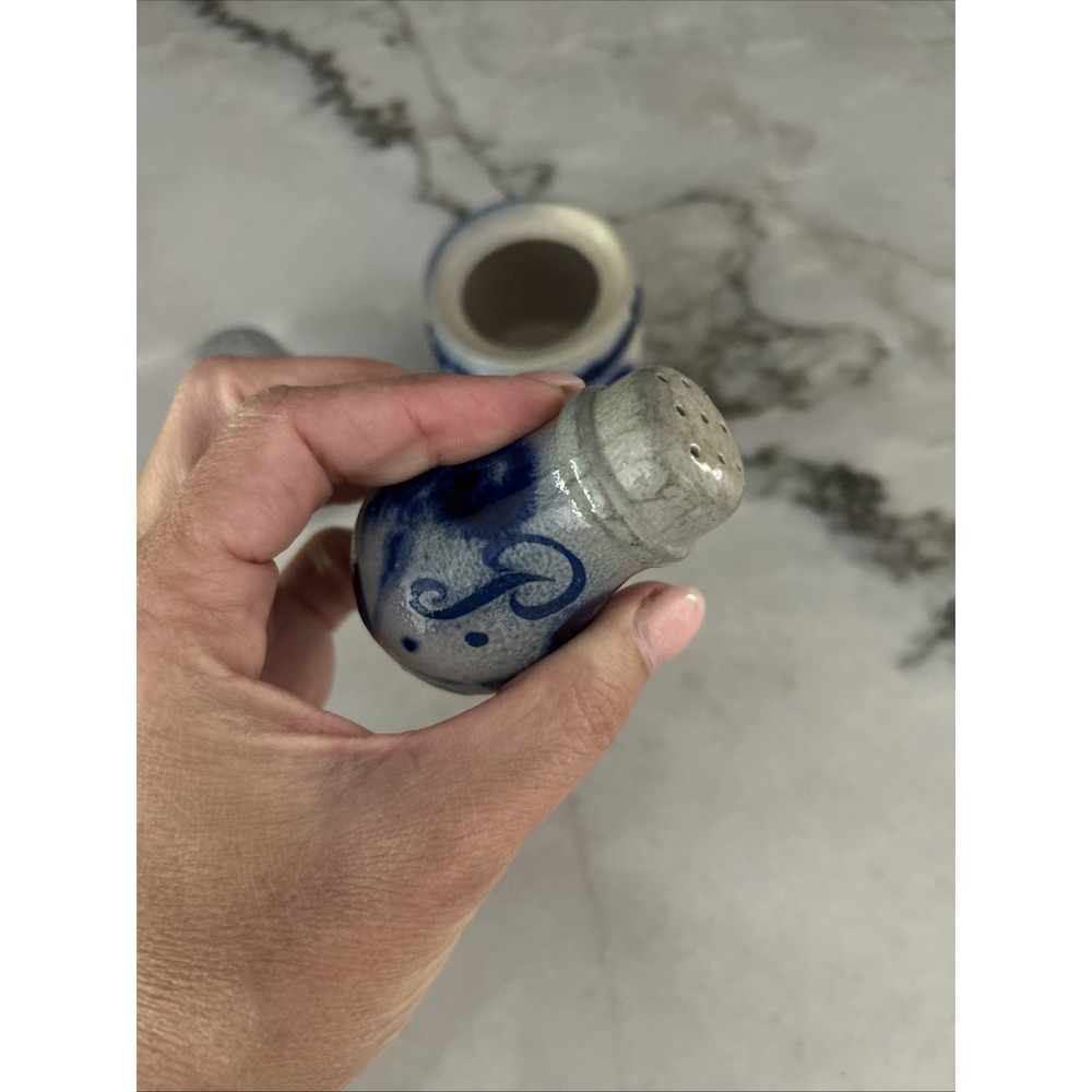 Vintage Stoneware Salt & Pepper Toothpick Holder set POTTERY Cobalt Blue - Picture 8 of 14